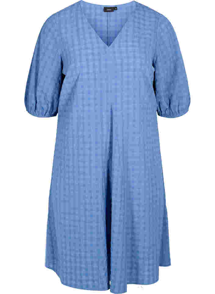 Crêpet kjole med V-hals og ballongermer, Moonlight Blue, Packshot image number 0