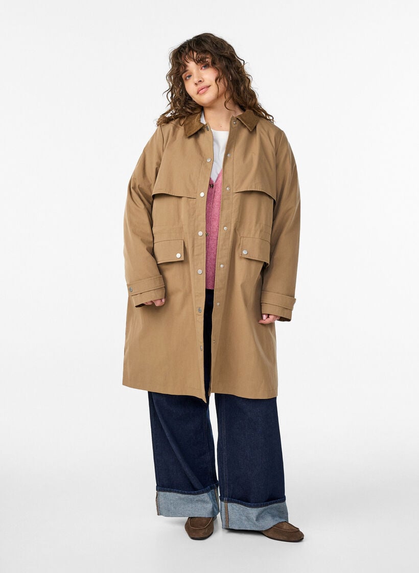 Lang vårparka med cordfløyelskrage, Brun, Model image number 1