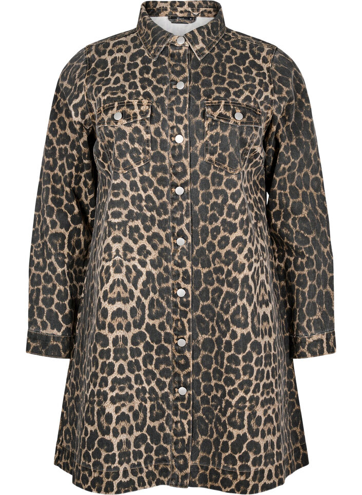 Langermet denimkjole med sebratrykk, Brown Leo AOP, Packshot image number 0