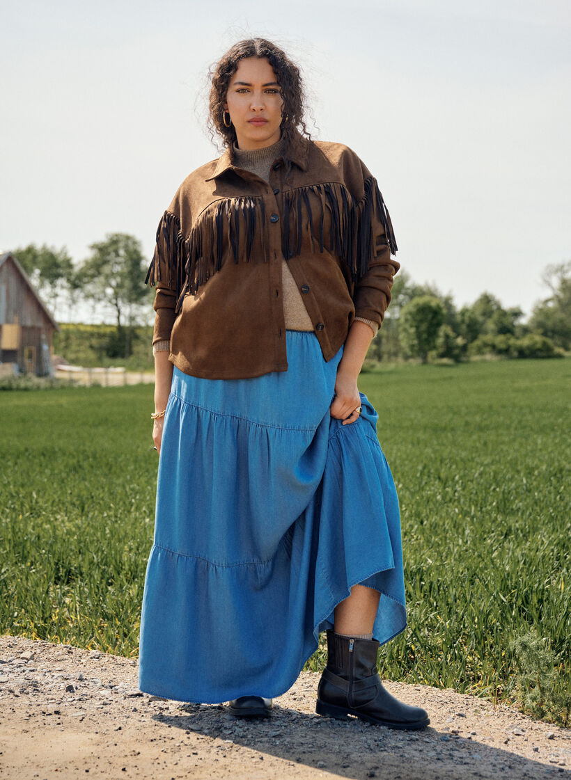 Denim maxiskjørt med volanger, Blue Denim, Image