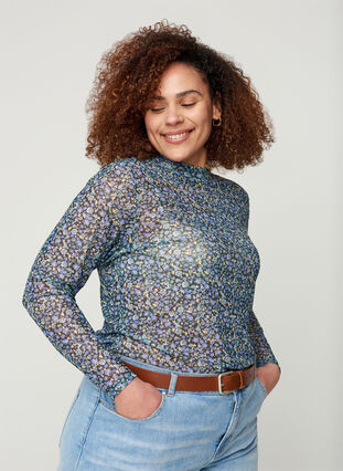 Bluse i mesh med blomstermønster, Black AOP, Model image number 0