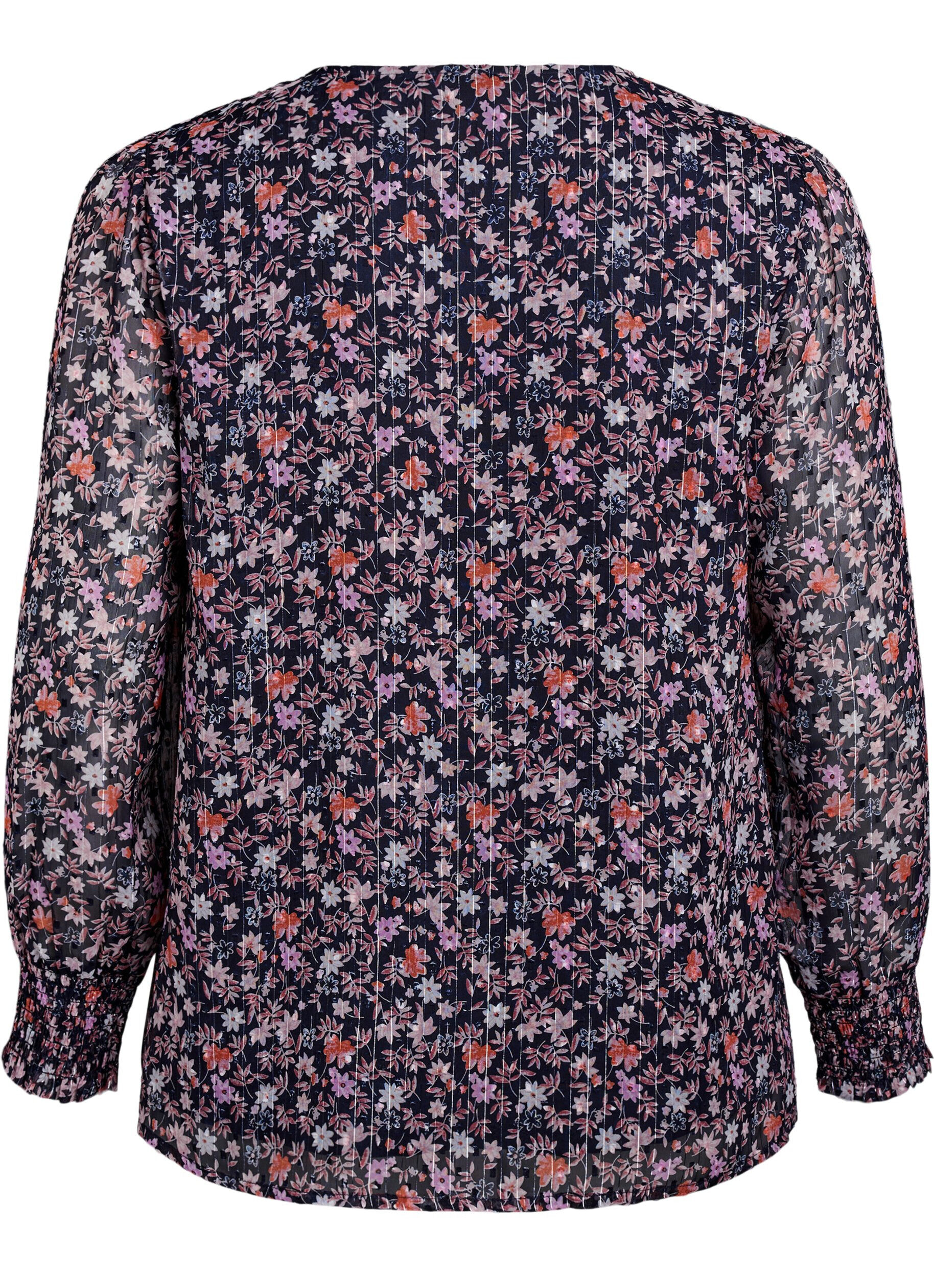 ZizziBluse med blomstertrykk og glittertr&aring;d, Bl&aring;, Packshot image number 1
