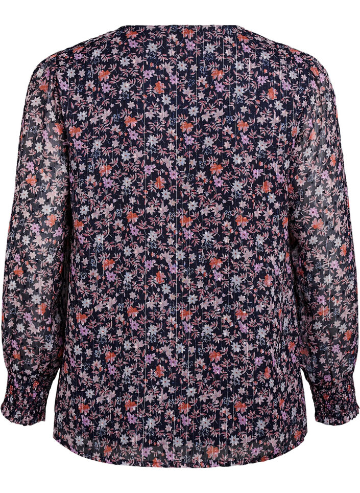 Bluse med blomstertrykk og glittertr&aring;d, Bl&aring;, Packshot image number 1