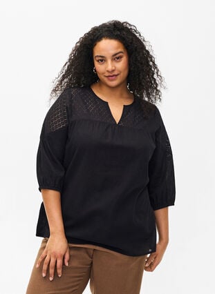 Bluse i bomullsblanding med lin og heklede detaljer, Black, Model image number 0