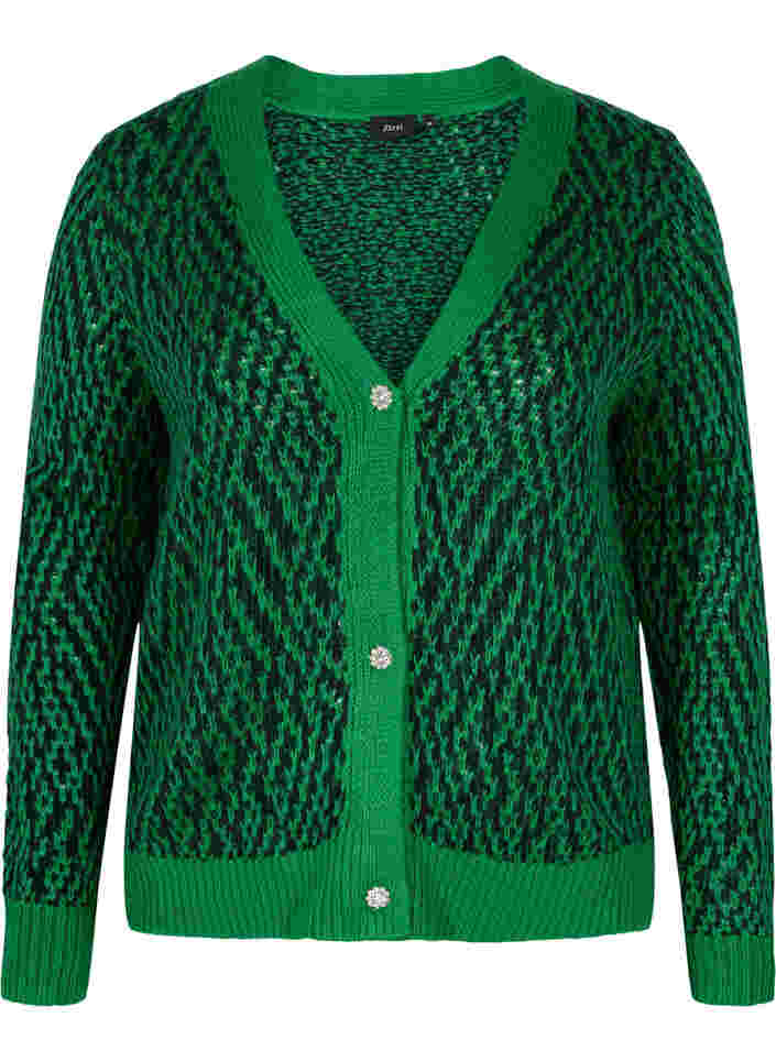 Mønstrete strikket cardigan med knapper, Jolly Green Comb, Packshot image number 0