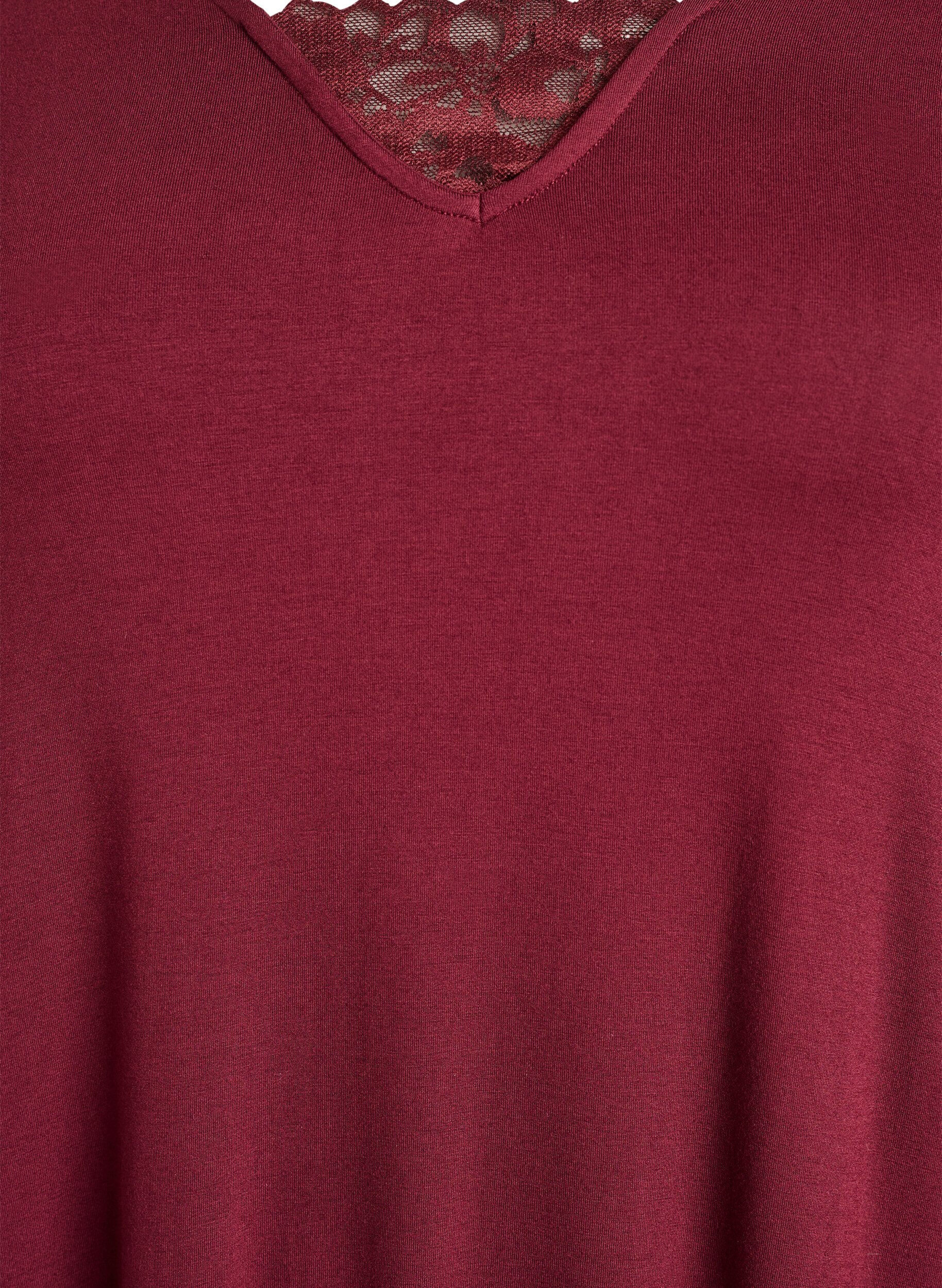 Zizzi Langermet nattkjole med blondeinnlegg og V-hals, R&oslash;d, Packshot image number 2