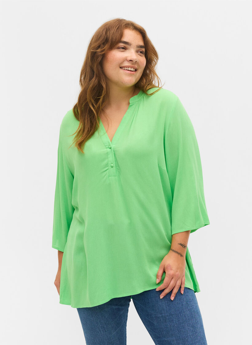 Bluse i viskose med 3/4 ermer og V-hals, Summer Green, Model image number 0