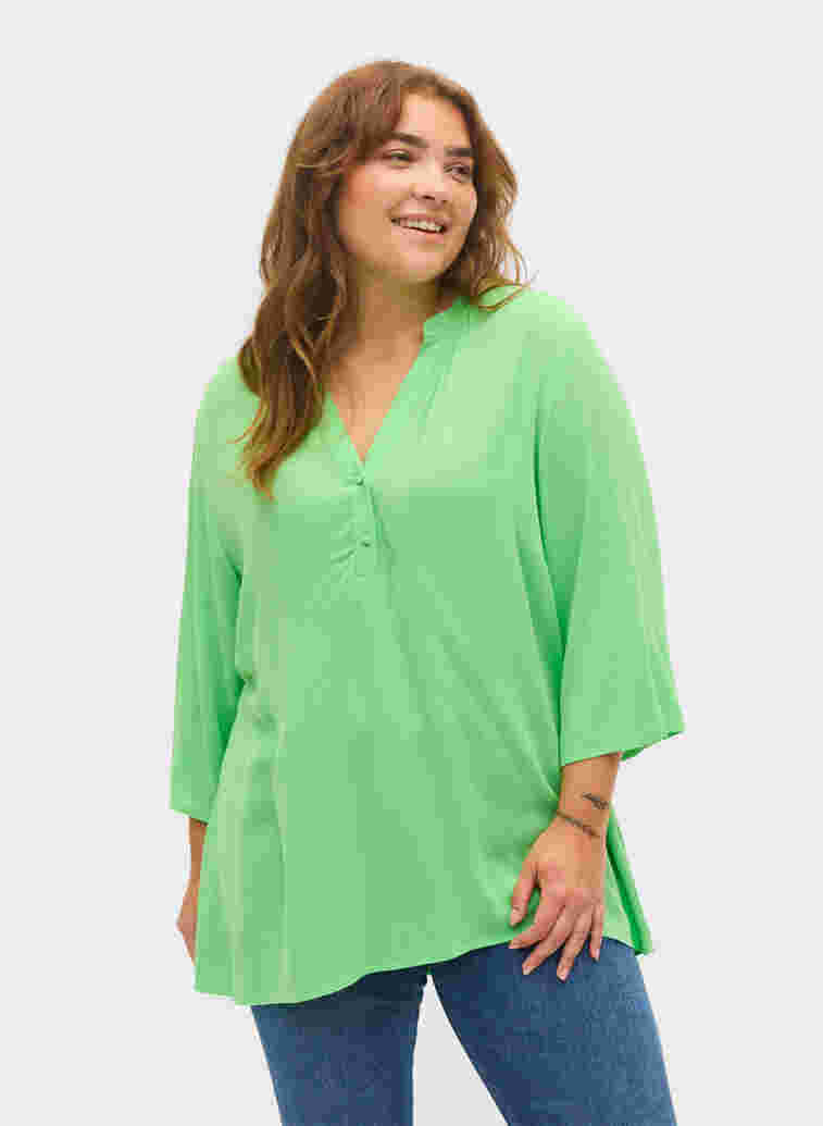 Bluse i viskose med 3/4 ermer og V-hals, Summer Green, Model