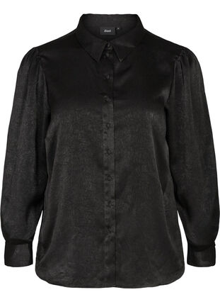Skjorte med struktur og lange puffermer, Black, Packshot image number 0