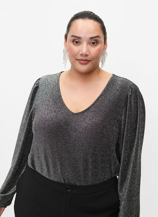 Glitterbluse med puffermer, Black Silver, Model image number 2