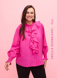 Skjortebluse i viskose med volanger, Rose Violet, Model