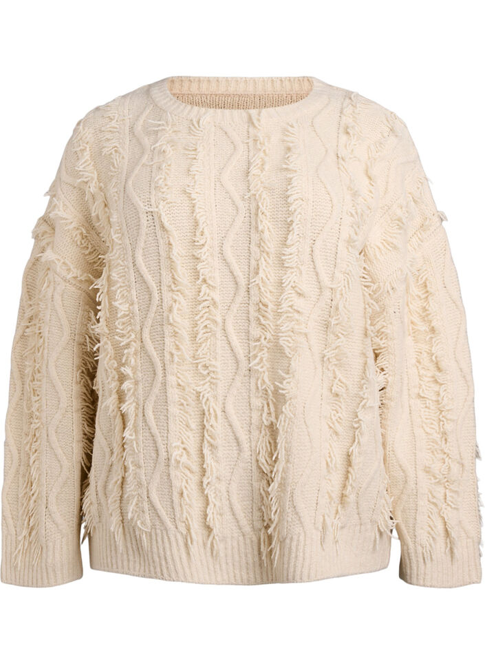 Strikk med rund hals og teksturert mønster, Beige, Packshot