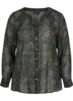 Skjorte med V-hals og paisleymønster, Green Paisley AOP, Packshot image number 0