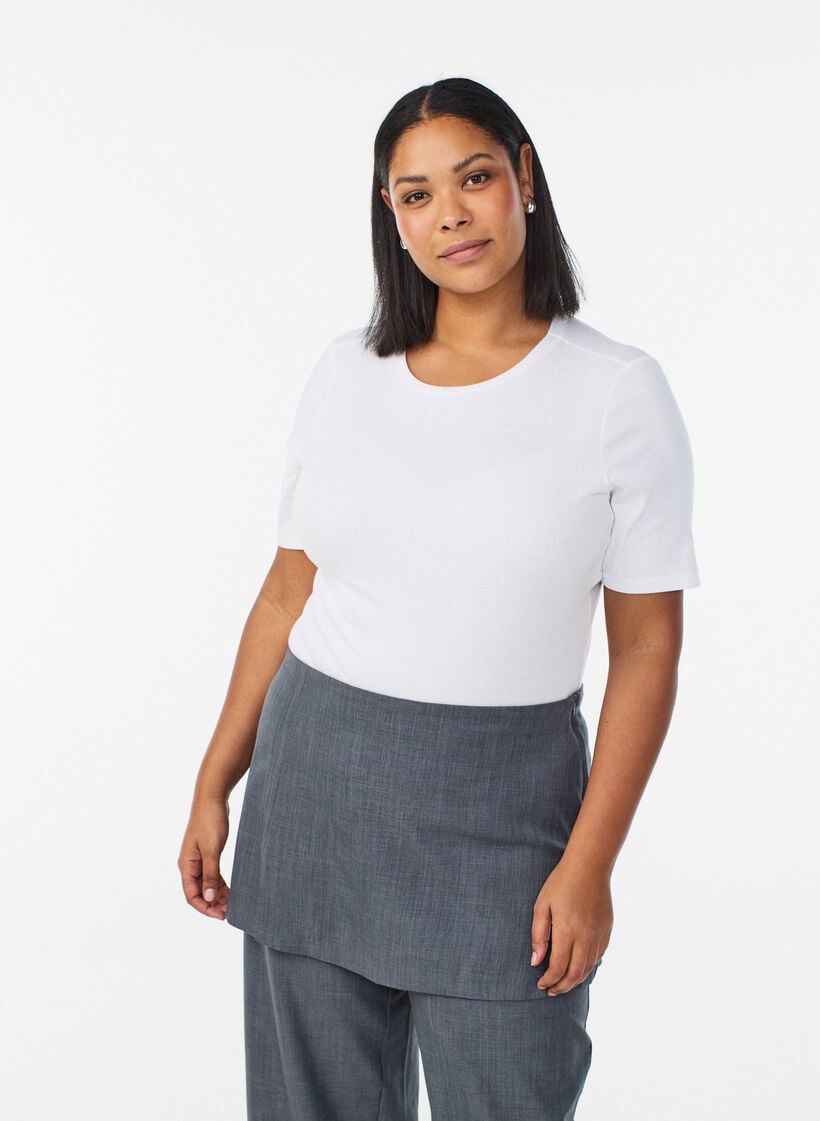 Basic ribbestrikket T-skjorte med rund hals, Hvit, Model image number 0