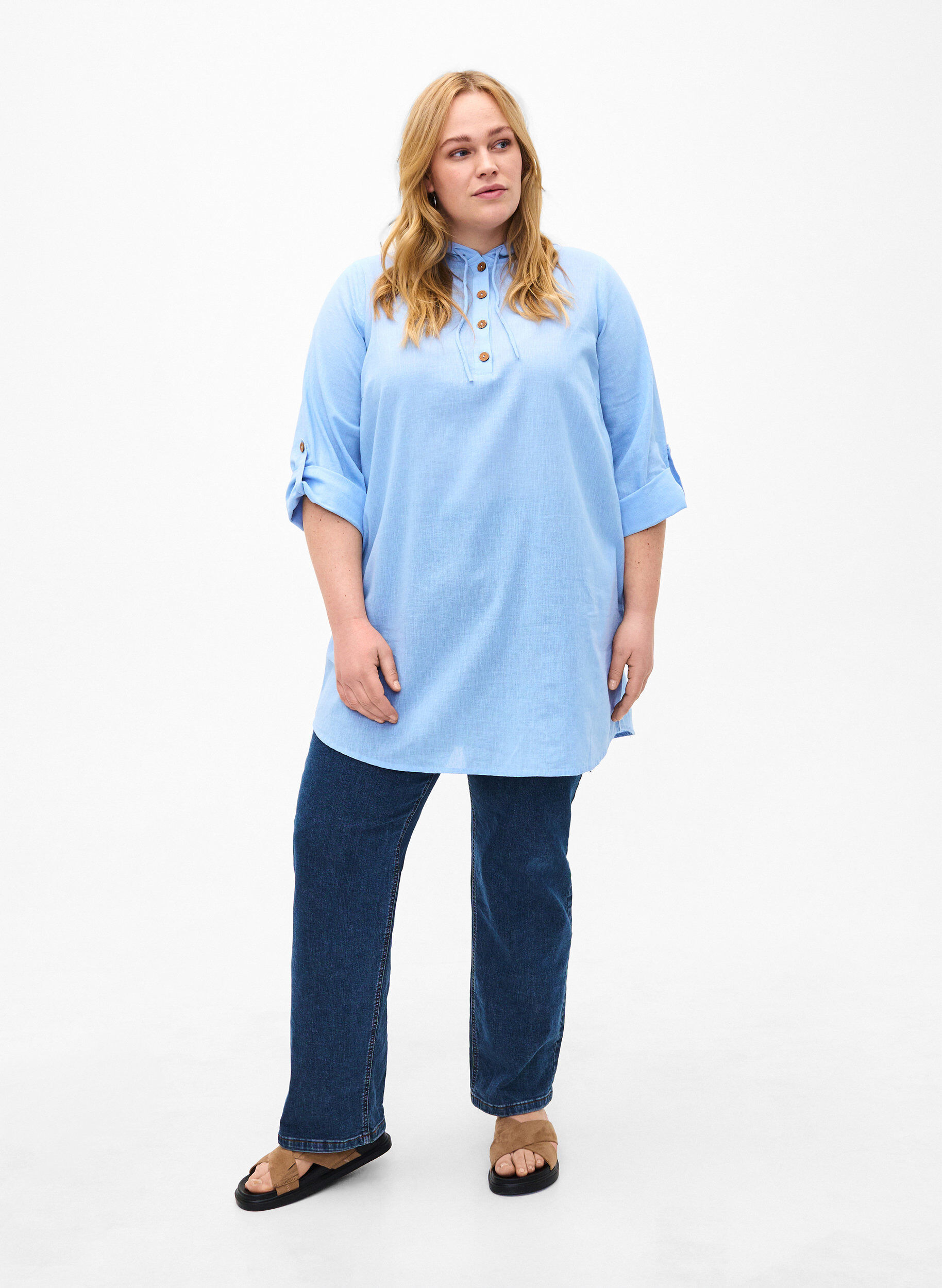 Zizzi Tunika med hette i bomull og lin, Serenity, Model image number 2