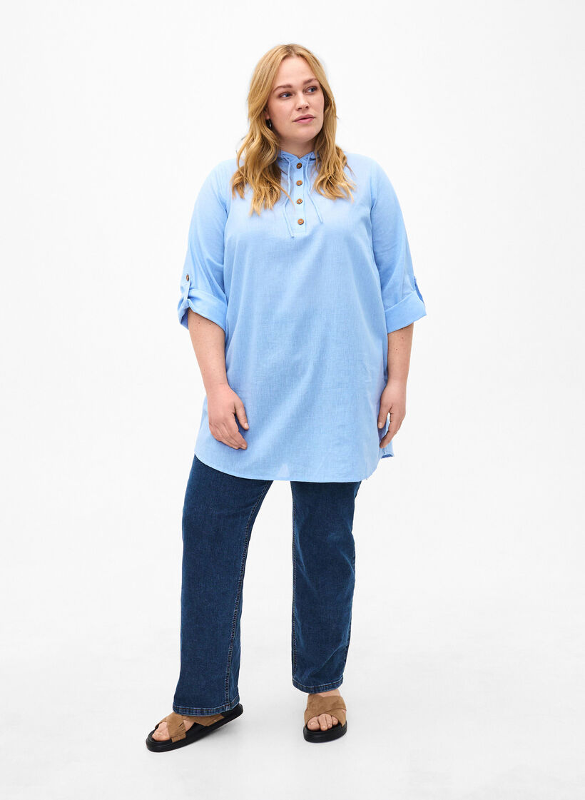 Tunika med hette i bomull og lin, Serenity, Model image number 2