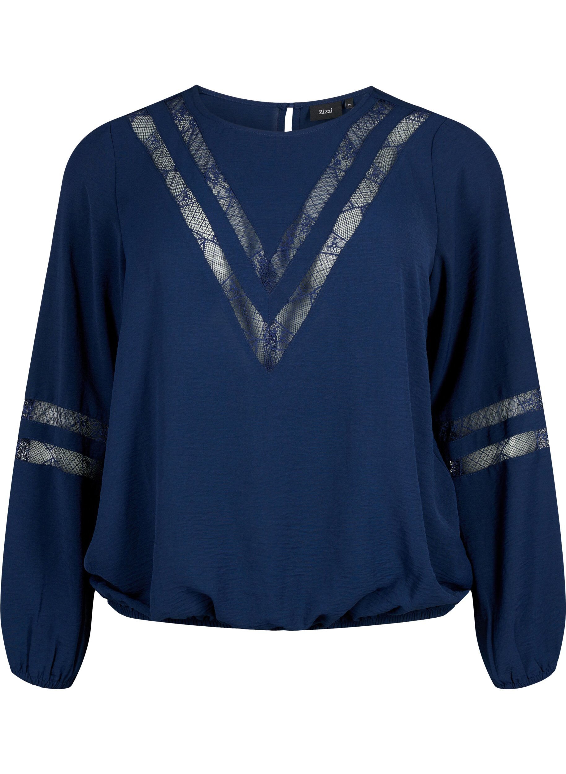 Zizzi Bluse med lange ermer og blonder, Navy Blazer, Packshot image number 0