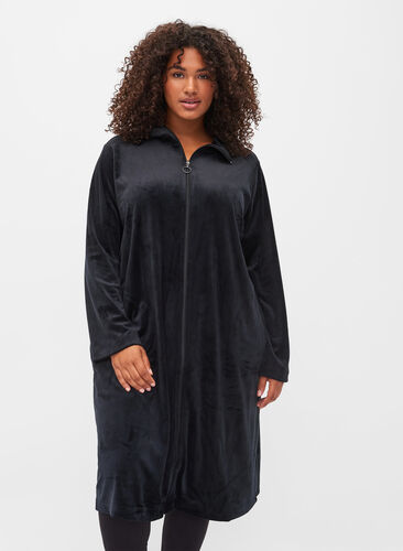 Kjole i velur med glidelås og lommer, Black, Model image number 0