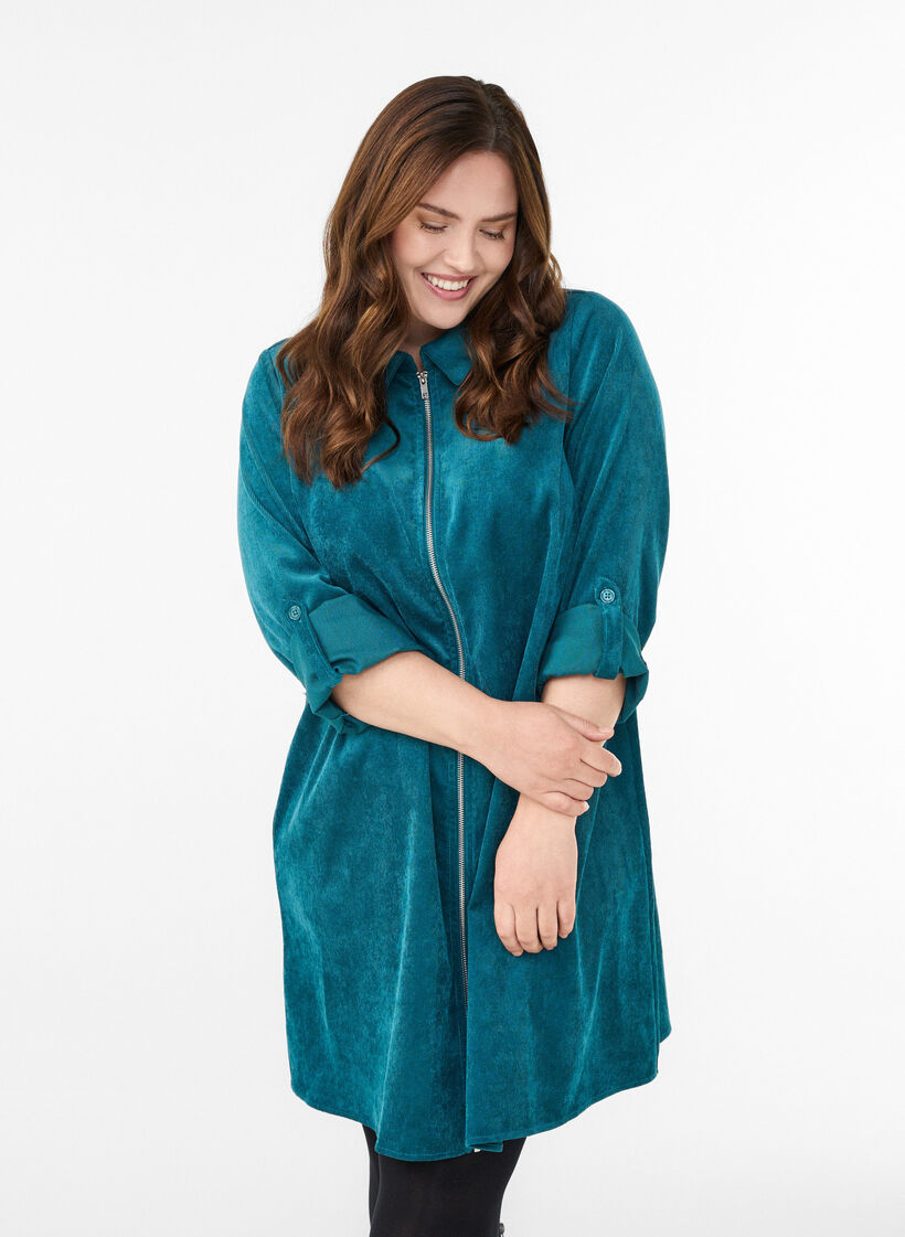 Cordkjole med glidel&aring;s og 3/4-ermer, Gr&oslash;nn, Model image number 0