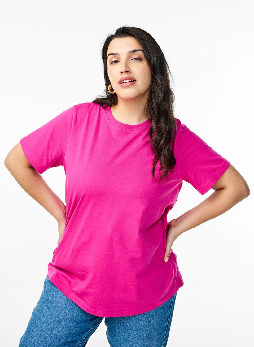 Basic T-skjorte i bomull med rund hals, Rose Violet, Model