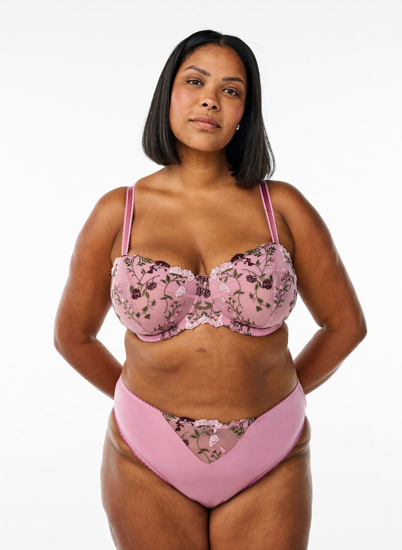 Balconette-BH med broderte blomster, Rosa, Model image number 1