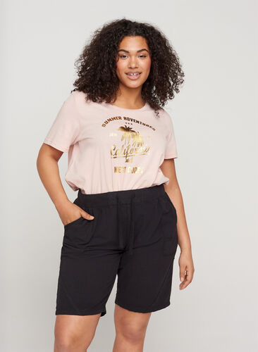 Zizzi Løse shorts med lommer i bomull, Svart, Model image number 0