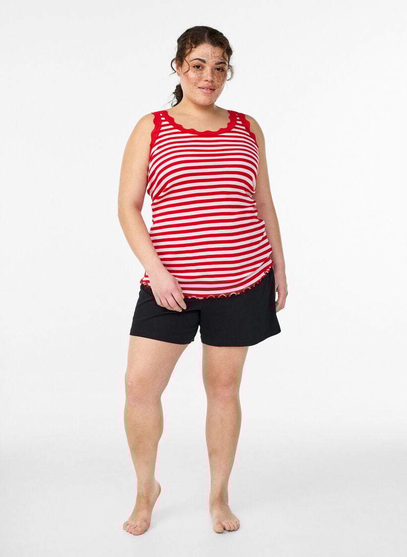 Stripete topp med ribbet tekstur og en blondekant, Rosa, Model image number 1