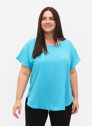 Bluse med korte ermer og rund hals, Blue Atoll, Model image number 0