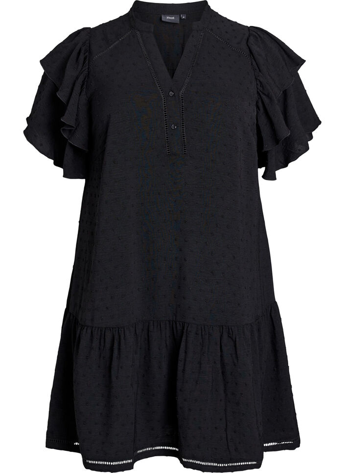 Kort kjole med rysjermer og prikkete tekstur, Black, Packshot image number 0