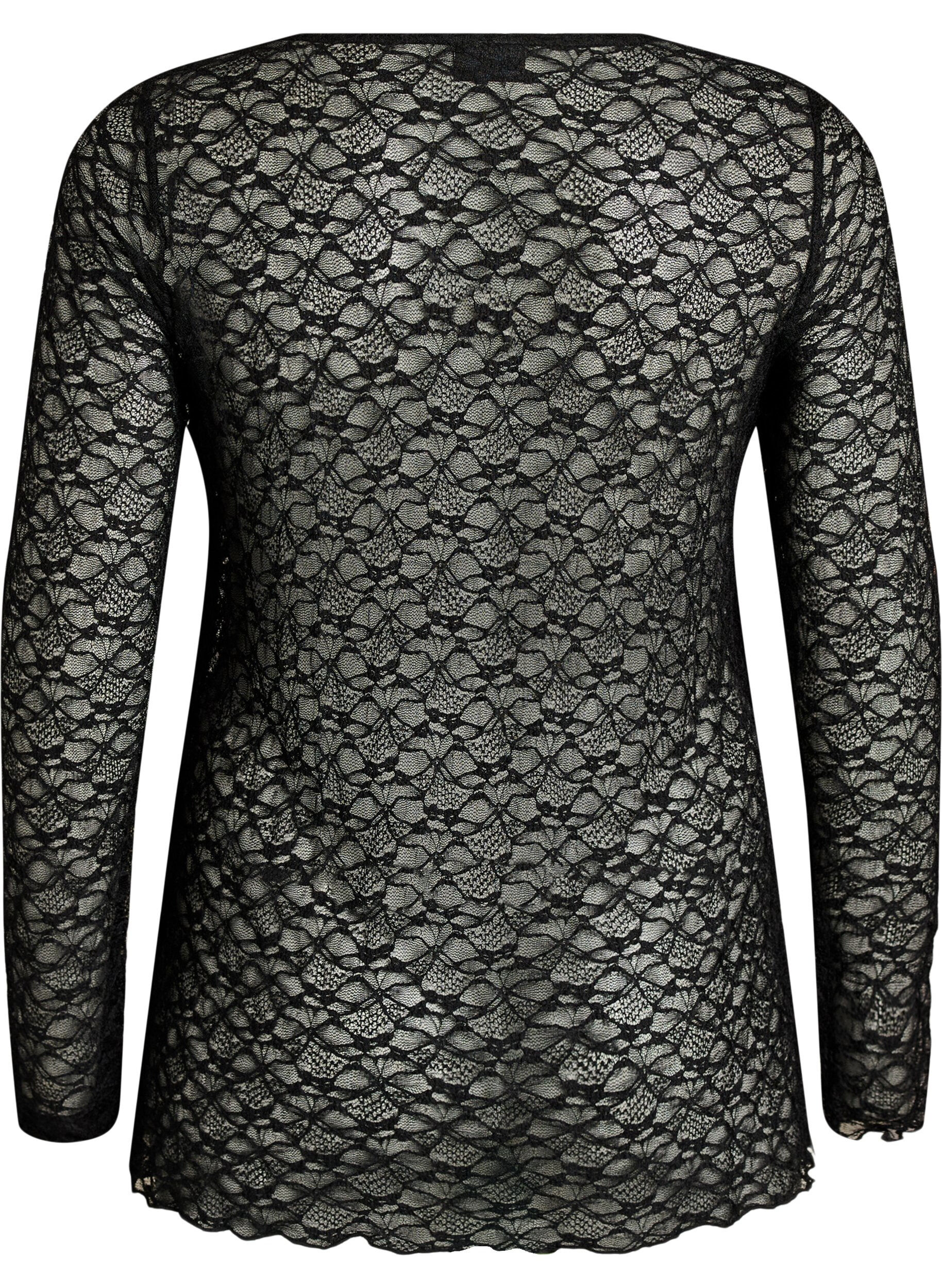 ZizziGjennomsiktig bluse med blonder og lange ermer, Svart, Packshot image number 1