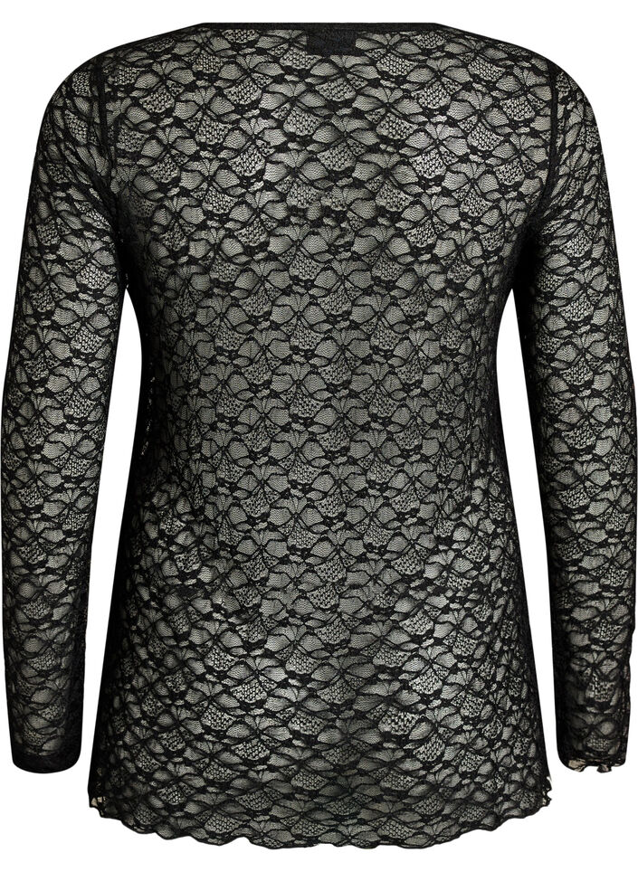 Gjennomsiktig bluse med blonder og lange ermer, Svart, Packshot image number 1