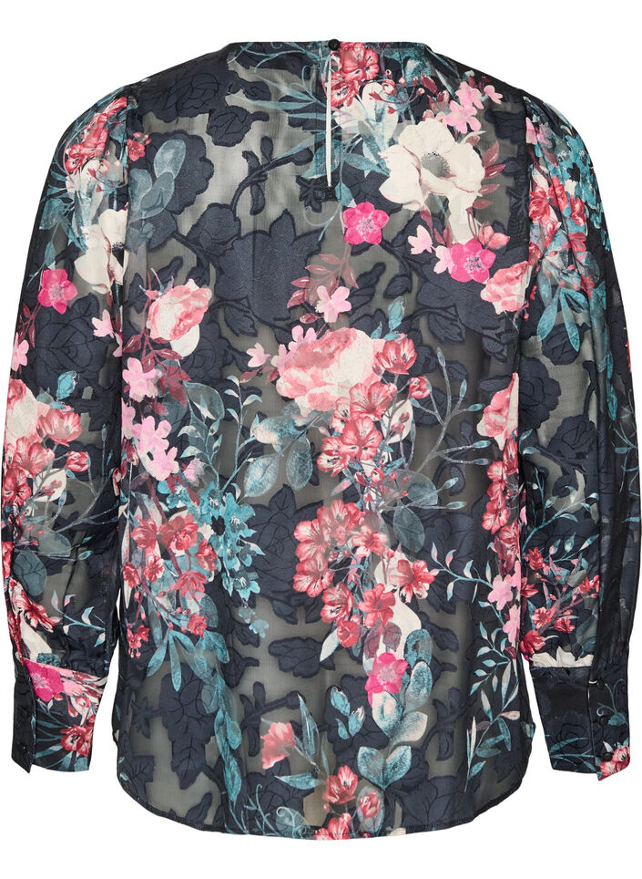 Bluse med blomstertrykk og vevd tekstur, Svart, Packshot image number 1