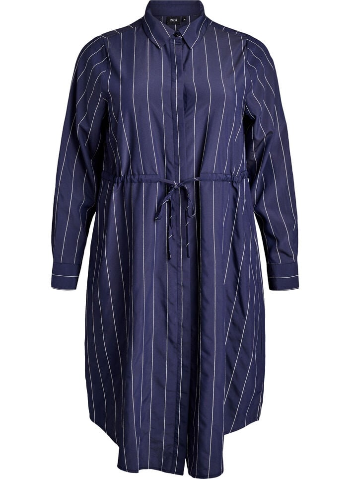 Lang skjorte med nålestriper og et knytebelte, Blå, Packshot image number 0