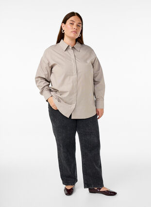 Zizzi Løs langermet skjorte med striper, Brun, Model image number 1