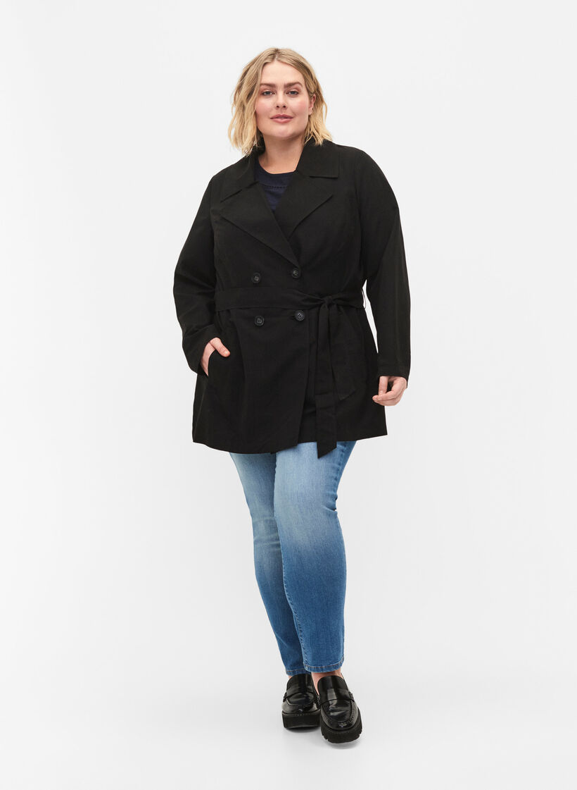 Trenchcoat med belte og lommer, Black, Model image number 2