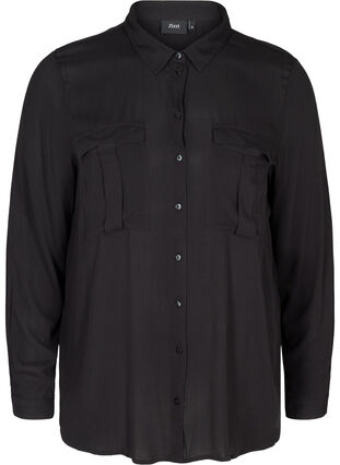 Viskoseskjorte med lommer på brystet, Black, Packshot image number 0