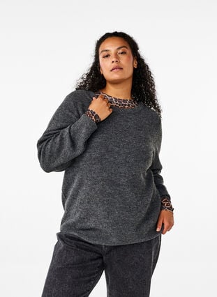 Zizzi Melert genser med rund hals, Dark Grey Black Mel., Model image number 0