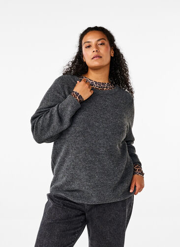 Zizzi Melert genser med rund hals, Dark Grey Black Mel., Model image number 0