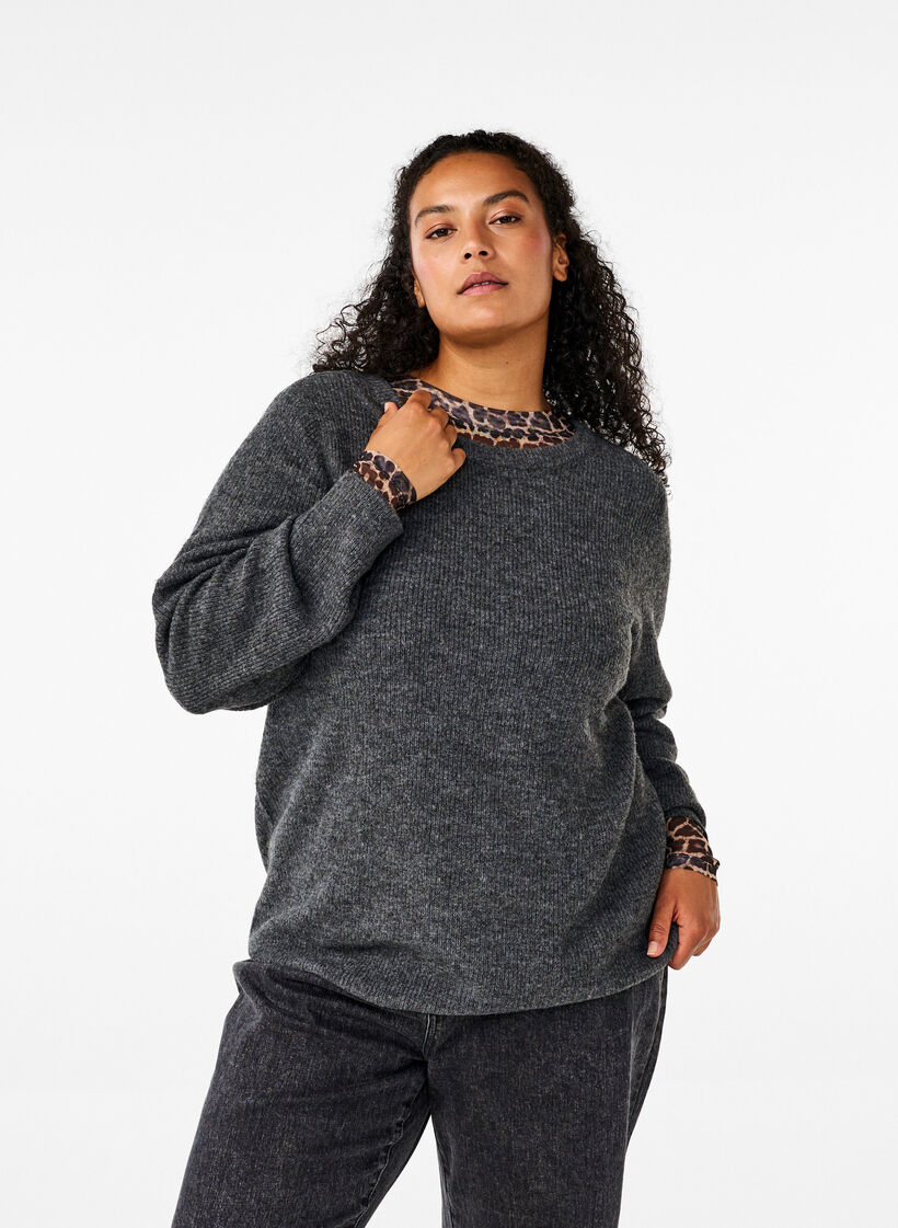 Melert genser med rund hals, Dark Grey Black Mel., Model image number 0
