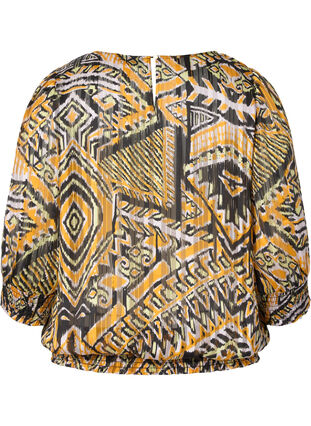 Mønstrete bluse med smock og 3/4-ermer, Yellow Aztec AOP, Packshot image number 1