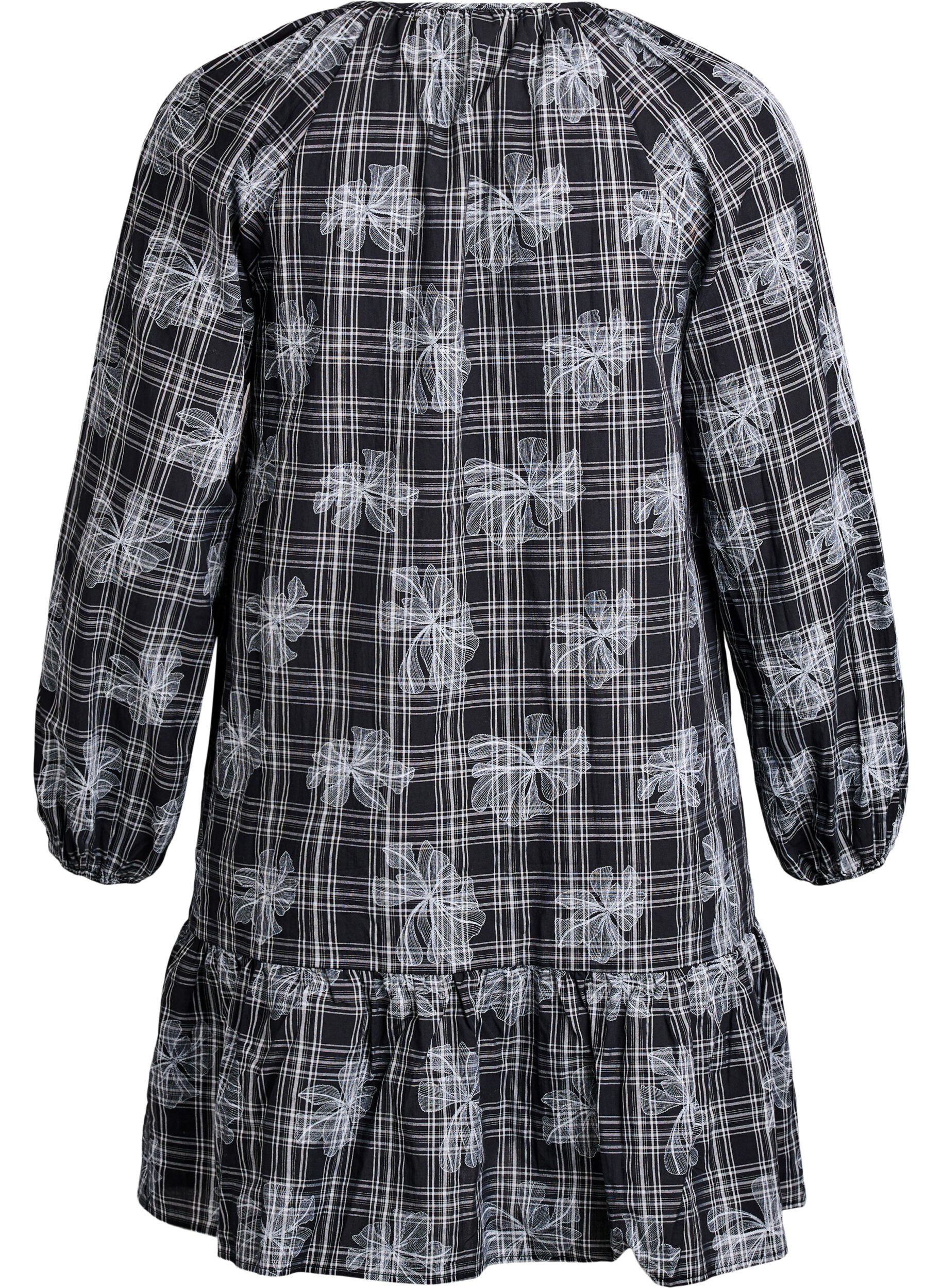 Zizzi Kort kjole med rutet og blomstertrykk, Svart, Packshot image number 1