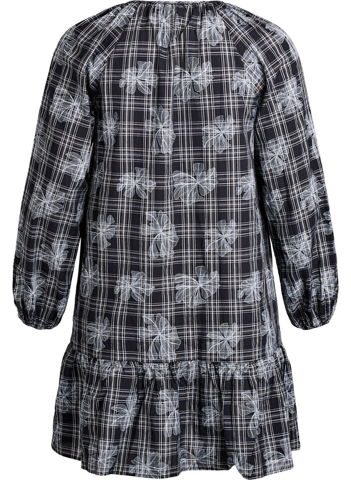 Kort kjole med rutet og blomstertrykk, Svart, Packshot image number 1