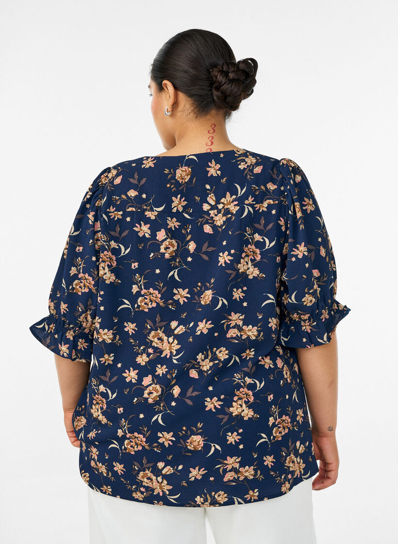 Skjortebluse med 1/2 ermer, Bl&aring;, Model image number 2