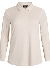 Poloskjorte i myk ribb med lange ermer, Beige