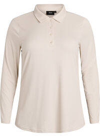 Poloskjorte i myk ribb med lange ermer, Beige Poloskjorte i myk ribb med lange ermer