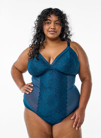Bodystocking med blonder og mesh, Blå Bodystocking med blonder og mesh, Blå, Model