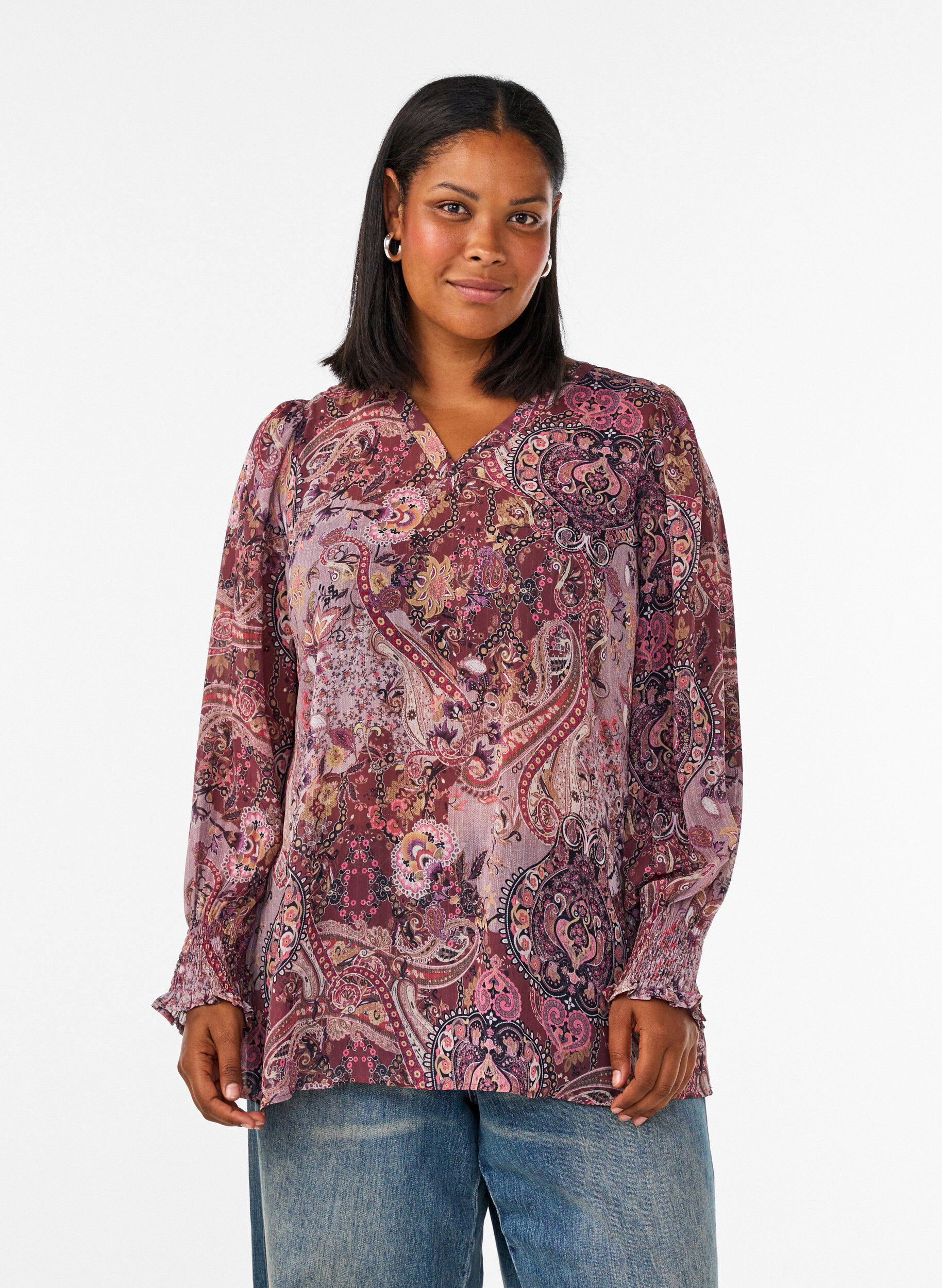 Tunikakjole med paisleytrykk og smockede mansjetter, Rosa, Model