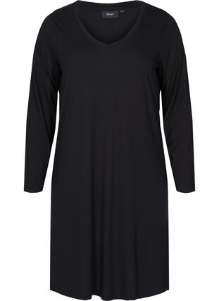 Ensfarget kjole med V-hals og lange ermer, Black, Packshot image number 0