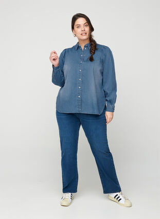 Denimskjorte med puffermer, Blue denim, Model image number 3