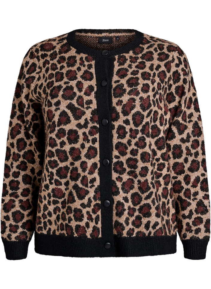 Cardigan med leopardmønster og kontrastkant, Svart, Packshot image number 0